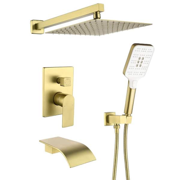 Single Handle 3-Spray Wall Mount Tub and Shower Faucet 2.5 GPM, 10 in. Head Shower in Matte Brushed Gold Included
