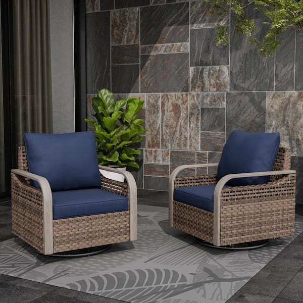 Outdoor Patio Swivel Brown Wicker Outdoor Rocking Chair with Blue Cushions (2-Pack)