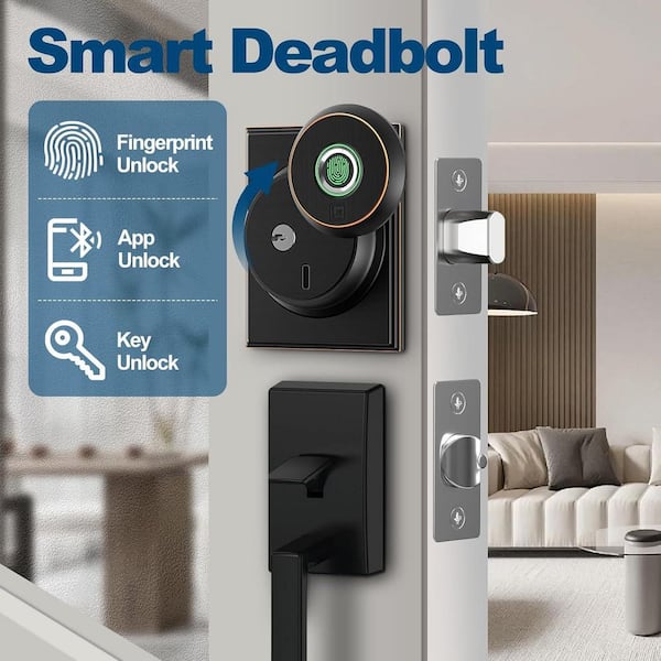 3 in 1 Aluminum Smart Lock Deadbolt with App Biometric Door Knob, Keyless Entry Door Lock, in Black