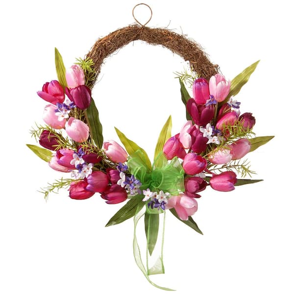 20 in. Artificial Pink and Burgundy Tulip Twig Wreath