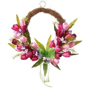 20 in. Artificial Pink and Burgundy Tulip Twig Wreath