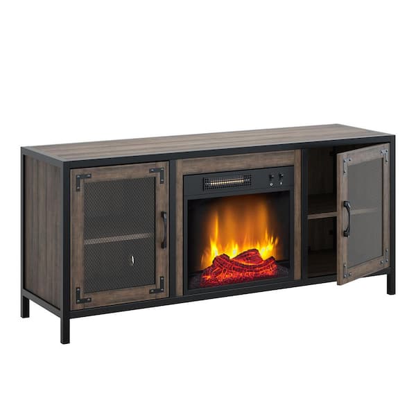 HEARTHPRO 54 in. Industrial Electric Fireplace TV Stand Fits TVs up to 60 in. with Adjustable Shelves and Glass Door