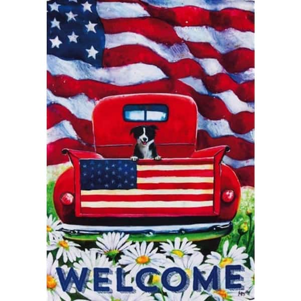 Meadow Creek 1 ft. x 1-1/2 ft. Patriotic Pup Truck Sublimated 2-Sided Garden Flag