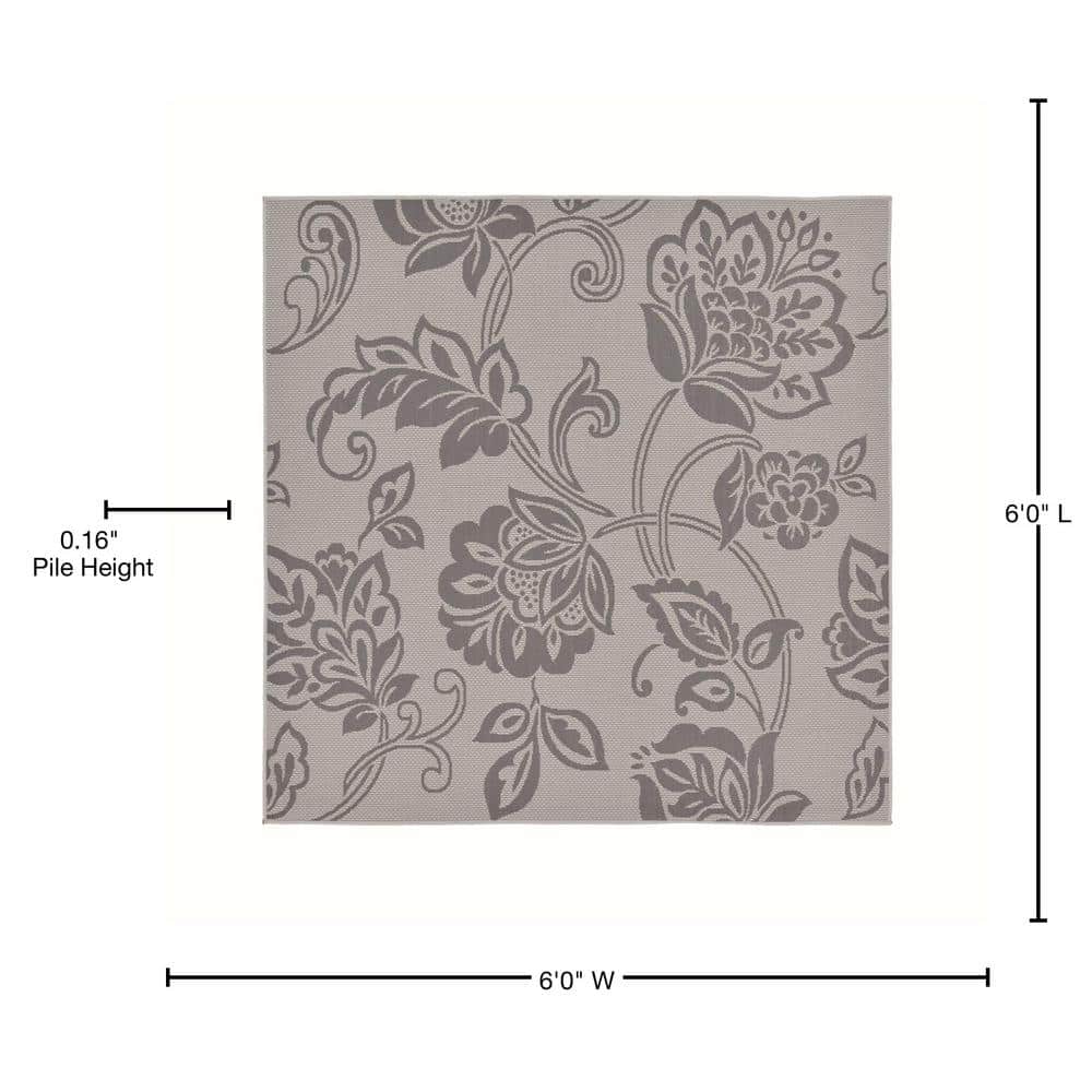 Floral Gray Synthetic 6' Square Outdoor Rug - Stain-Resistant & Easy Care