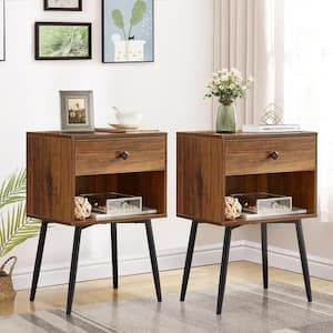 Nightstands (Set of 2), Industrial 2-Tier Wood End Tables with Storage Drawer, Mid-Century Modern Side Tables, Brown