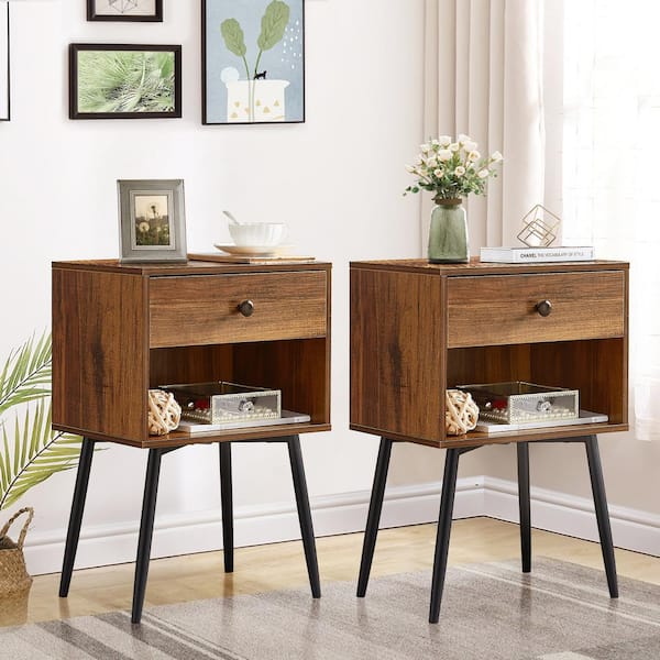 Nightstands (Set of 2), Industrial 2-Tier Wood End Tables with Storage Drawer, Mid-Century Modern Side Tables, Brown