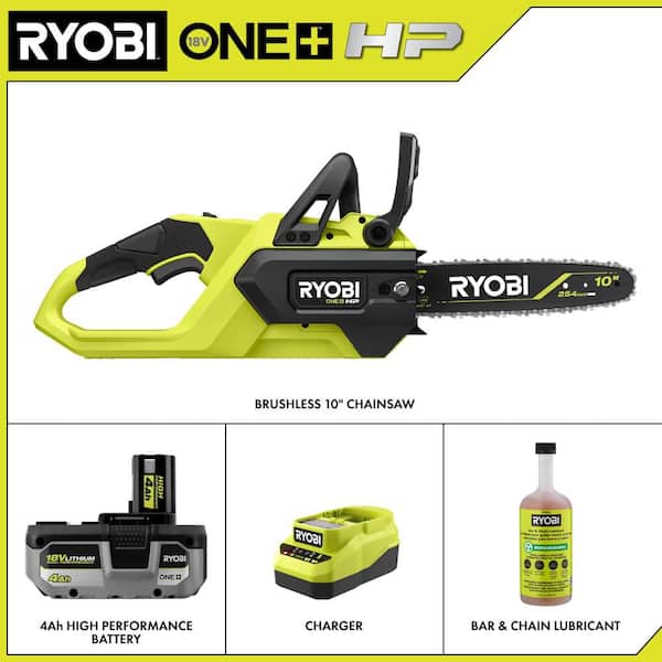 ONE+ HP 18V Brushless 10 in. Battery Chainsaw with 24 oz. Biodegradable Bar and Chain Oil, 4.0 Ah Battery and Charger