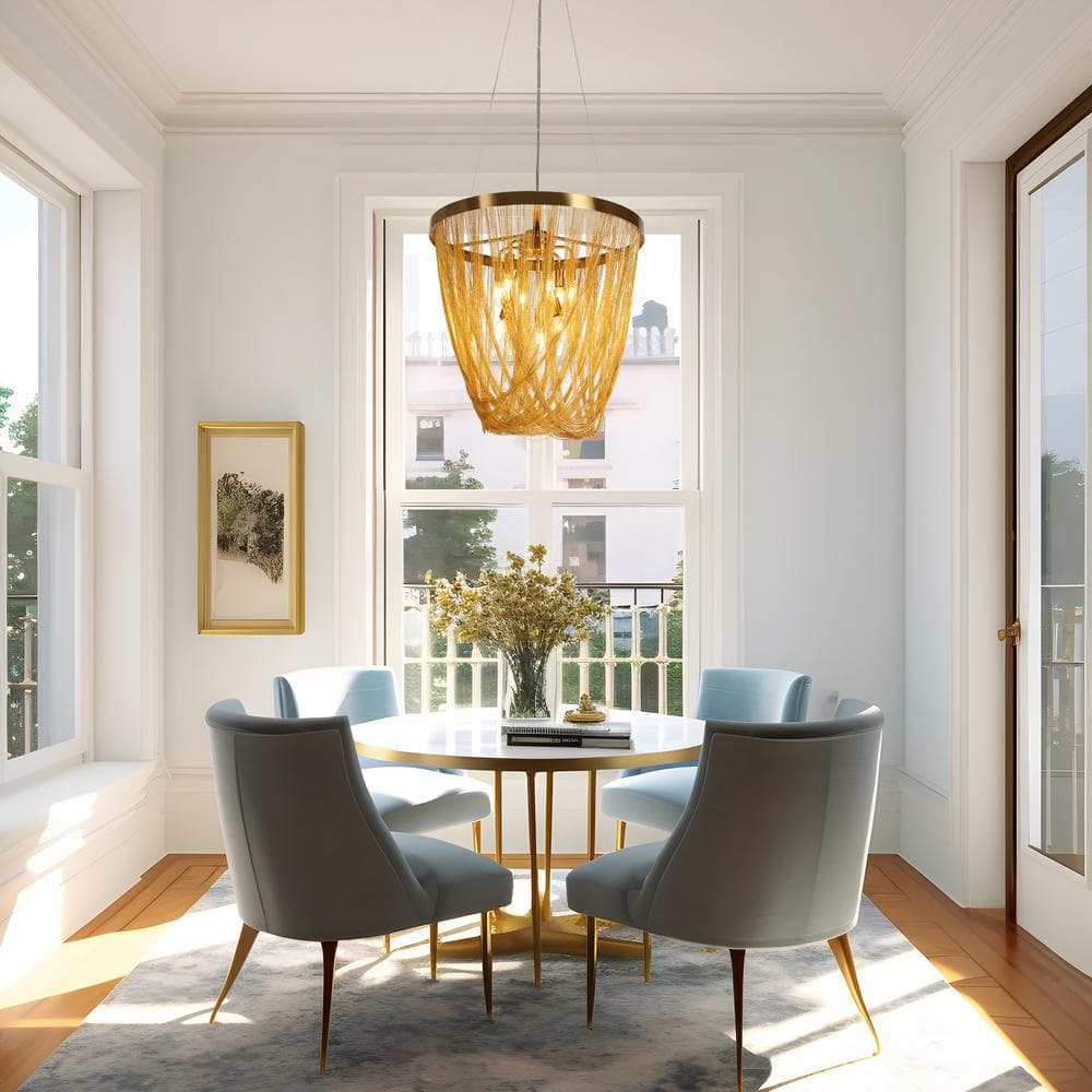 Glamorous Brass and Crystal 9-Light Chandelier with Gold Fringe