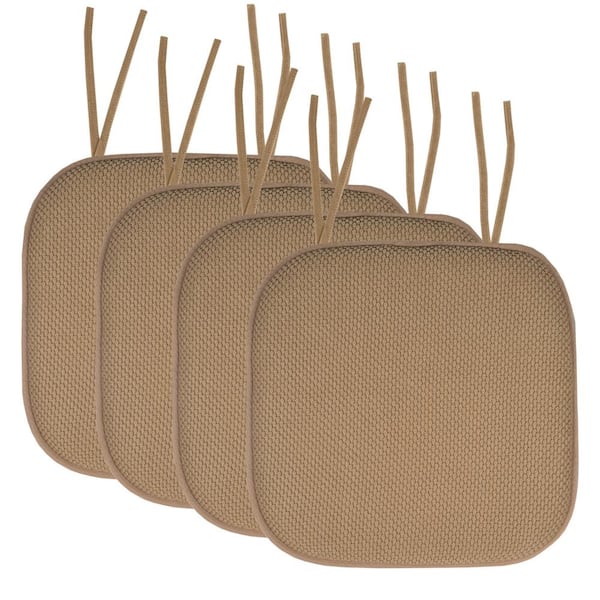 Sweet Home Collection Honeycomb Memory Foam Square 16 in. x 16 in. Non-Slip Back Chair Cushion with Ties (4-Pack), Taupe
