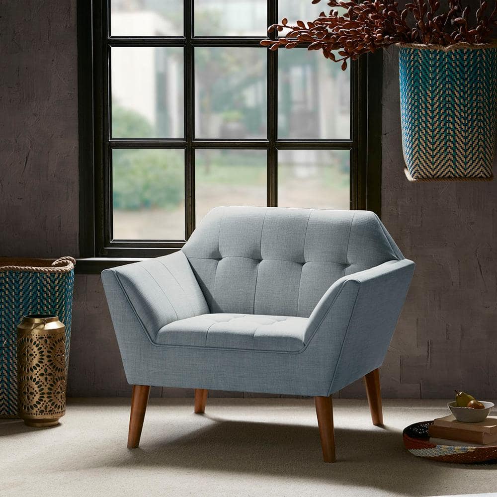 Mid-Century Light Blue Microfiber Accent Chair with Pecan Wood Legs