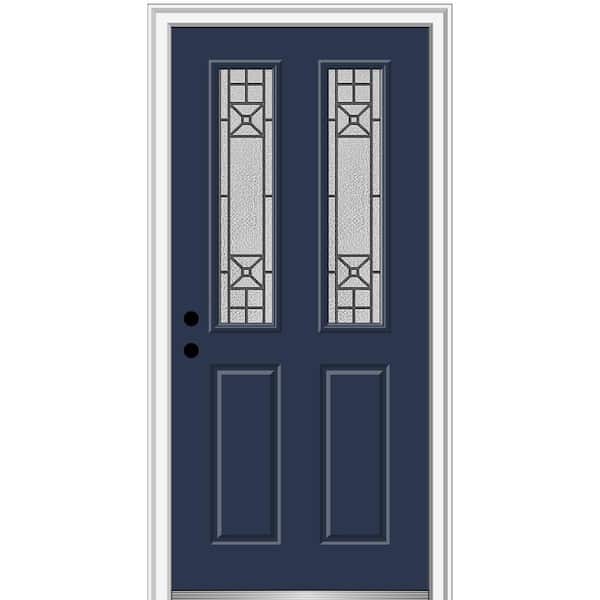 MMI DOOR Courtyard 36 in. x 80 in. Right-Hand 2-Lite Decorative Blue Fiberglass Smooth Prehung Front Door on 4-9/16 in. Frame