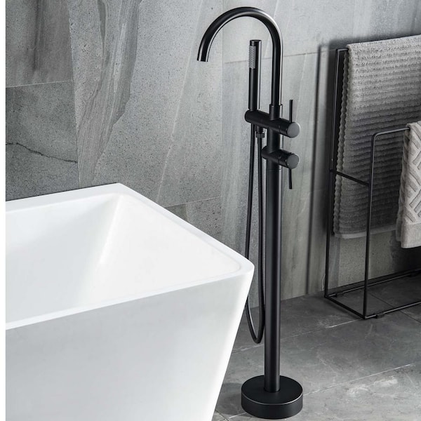 GIVING TREE 2-Handle Floor Mount Freestanding Tub Faucet Bathtub Filler with Hand Shower in Matte Black