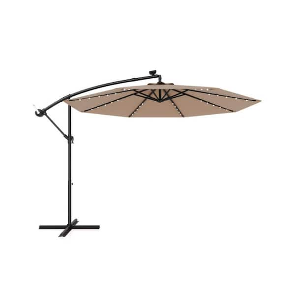 10 ft. Solar LED Lighted Cantilever Patio Umbrella in Tan with Tilt and Crank for Outdoor Garden Poolside Shade