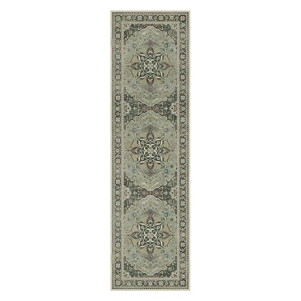 Samar Machine Washable Green 2 ft. x 7 ft. Medallion Indoor Area Rug