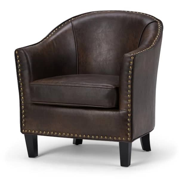 Simpli Home Kildare Transitional 29 in. Wide Tub Arm Chair in Distressed Brown Bonded Leather
