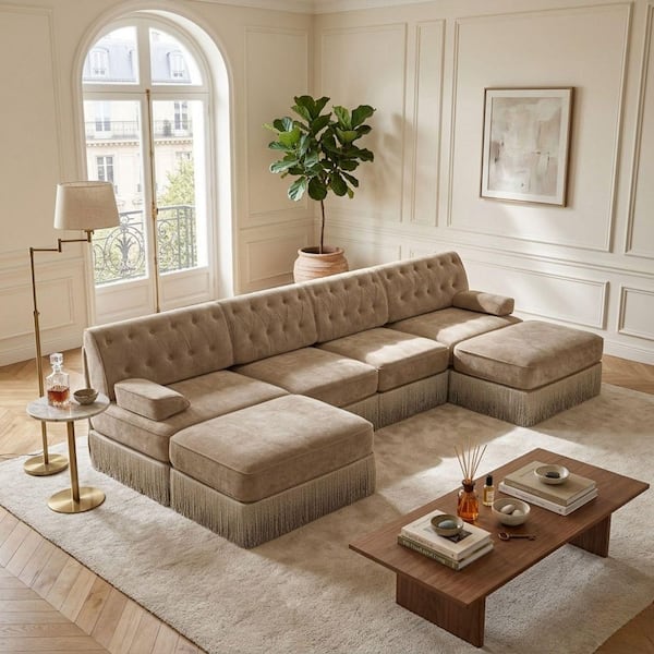 Homy Casa LEON 135.6 in.Pillow Top Arm 6-Piece Velvet Fabric Sectional Sofa Set with Fringe Skirt and 2-Ottomans, in Warm Taupe LEON-OLE-BR