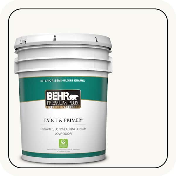 BEHR PREMIUM PLUS 5 gal. #PR-W15 Ultra Pure White Semi-Gloss Enamel Low Odor Interior Paint & Primer