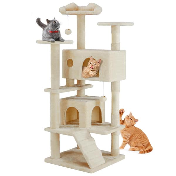 Tatayosi Beige Cat Tree Cat Bed, Indoor Cat High-Rise Multi-Story Tower, Pet Playroom with Large Apartment