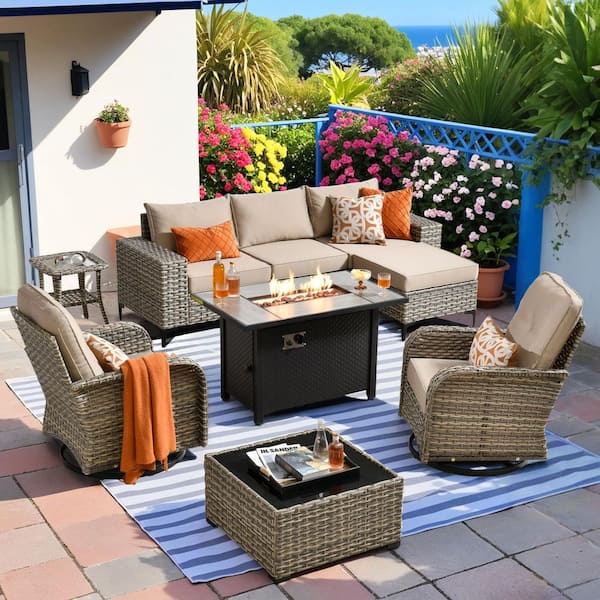 Pansy 9-Piece Outdoor Wicker Patio 42" Fire Pit Conversation Set with Swivel Rocking Chairs and Beige Cushions
