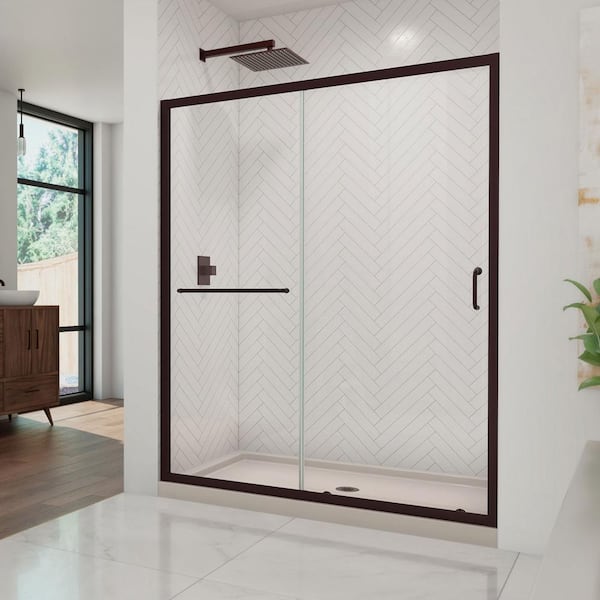 DreamLine Infinity-Z 36 in. x 60 -Frameless Sliding Shower Door in Oil Rubbed Bronze with Center Drain Shower Base in Biscuit