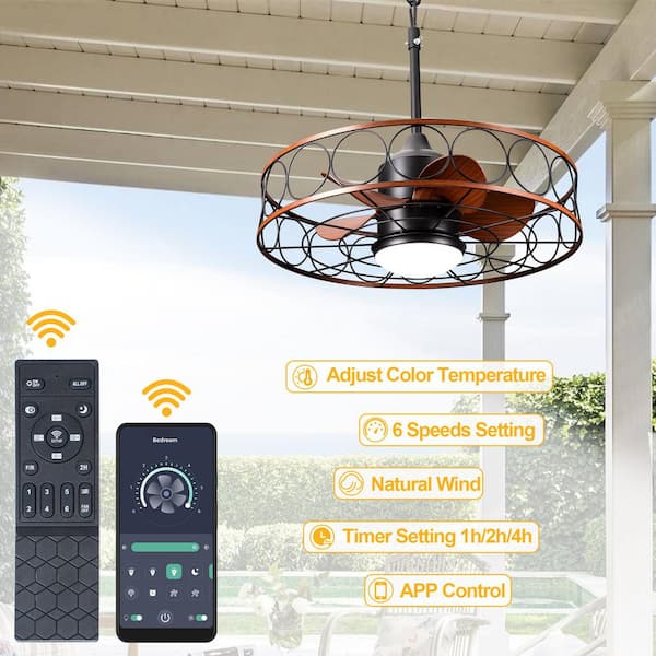 Selva 23. 6in. Outdoor Matte Black Industrial Caged Smart Ceiling Fan with LED Light, 6-Speed Patio Ceiling Fan w/Remote