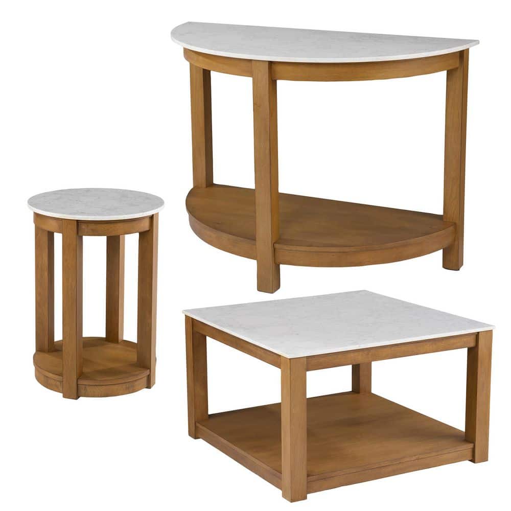White and Natural Faux Marble Demilune Console Table with Storage