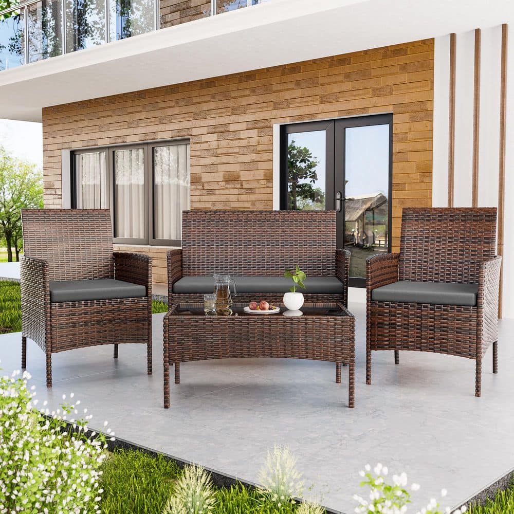 4-Piece Brown Wicker Outdoor Sofa Set with Gray Cushions & Coffee Table-Apt, Porch, Yard, Poolside price history on PriceWatchPro