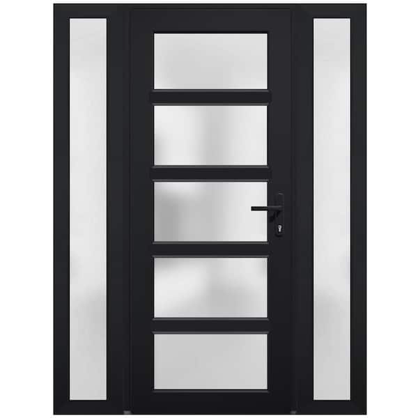 VDOMDOORS 60 in. x 80 in. Left-hand/Inswing 2 Sidelights Frosted Glass Matte Black Steel Prehung Front Door with Hardware