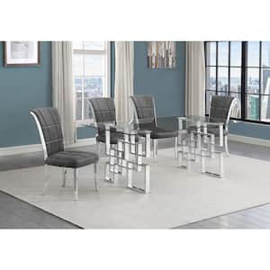 Dominga 5-Piece Rectangular Glass Top Stainless Steel Dining Set With 4 Dark Grey Velvet Fabric Long Back Chrome Chair