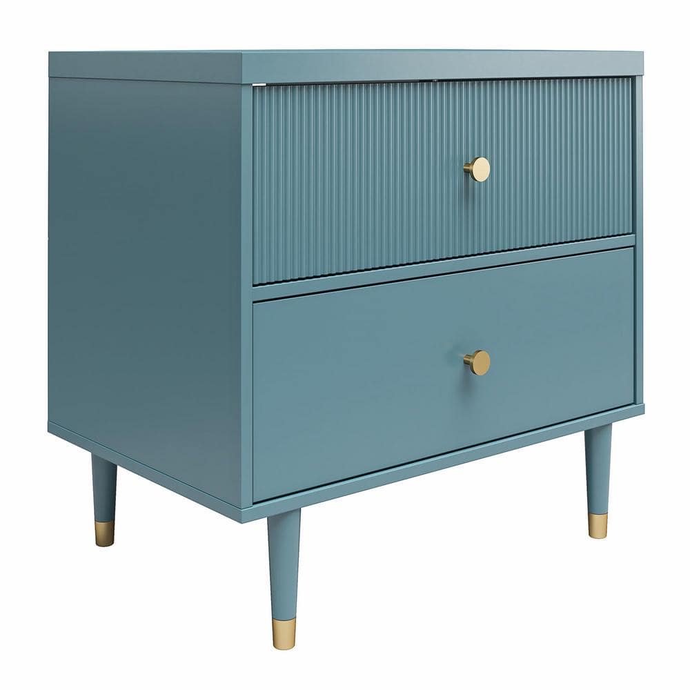 Smoke Blue 2-Drawer Nightstand with Gold Accents