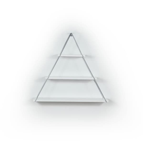 Flynama 29 in. W x 23 in. H x 5 in. D Wood Floating Wall Decor Wall Mounted Hanging Metal Triangle Shelf in White and Chrome