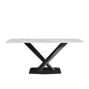 70.87 in. Modern Rectangular White Sintered Stone Top Cross Legs Black Carbon Steel Legs Dining Table (6 Seats)