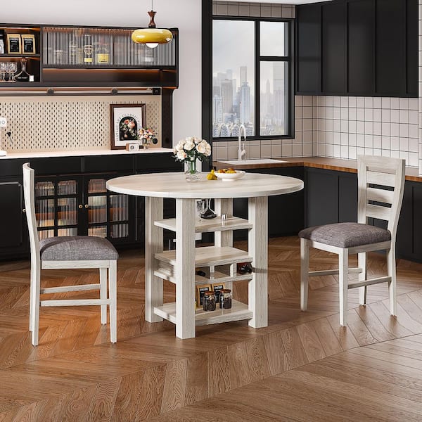 3 Piece Drop Leaf Counter Height Dining Table Set with Wine Rack and Storage Gray Wood Top Table & 2 Upholstered Chairs