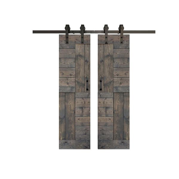 ISLIFE S Series 48 in. x 84 in. Smoky Gray Finished DIY Solid Wood Double Sliding Barn Door with Hardware Kit