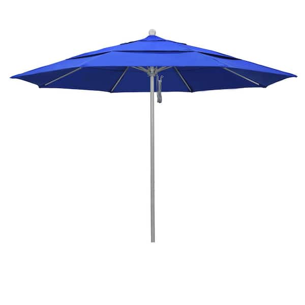 California Umbrella 11 ft. Gray Woodgrain Aluminum Commercial Market Patio Umbrella FiberglassRibs and Pulley Lift in Pacific Blue Sunbrella