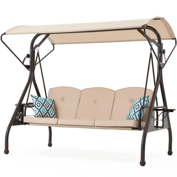 ZZW 3 Person Seat Metal Patio Swing Bed with Adjustable Canopy and Pillow Khaqi