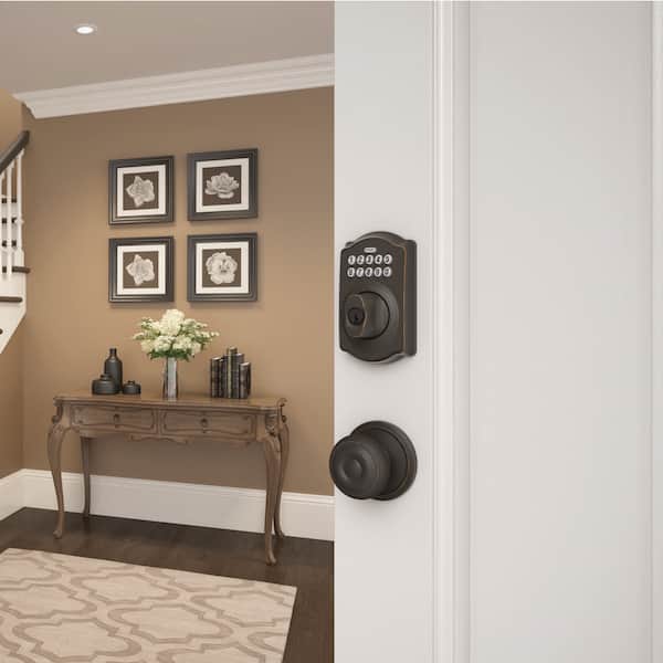 Camelot Keypad Electronic Door Lock Deadbolt and Georgian Knob in Aged Bronze