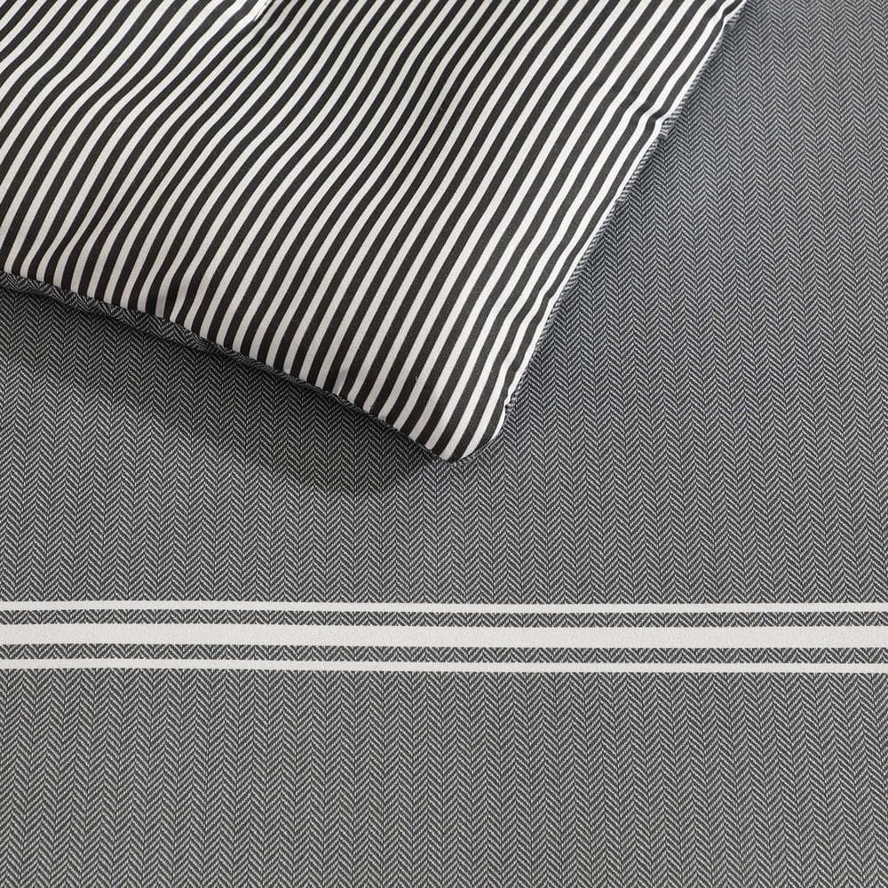 Gray Reversible Microfiber Queen Comforter Set with Chevron Stripes