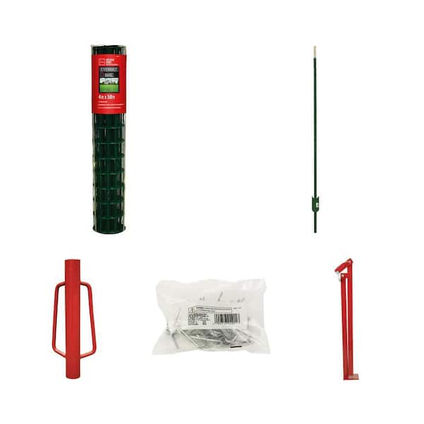 4 ft. x 50 ft. Green PVC Coated Welded Wire, 6 ft. Green Steel T-Post, Post Driver, Clips (25) and Puller Combo