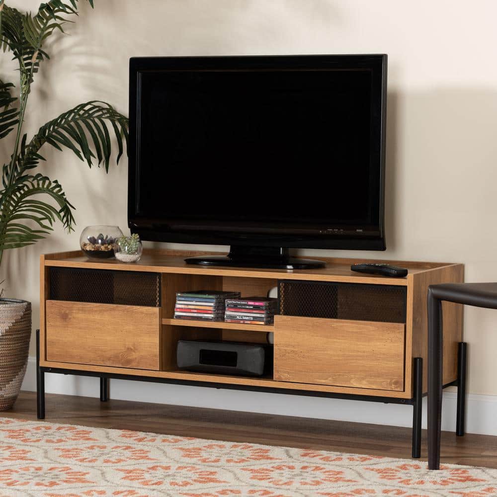 Tasman Industrial Black Metal and Natural Wood 2-Door TV Stand