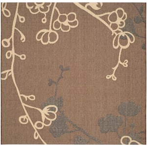 Courtyard Brown Natural/Black 7 ft. x 7 ft. Square Floral Indoor/Outdoor Patio  Area Rug