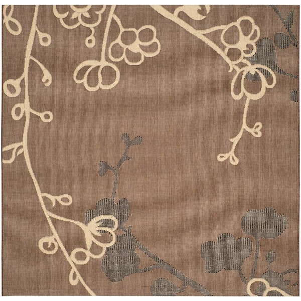 Courtyard Brown Natural/Black 7 ft. x 7 ft. Square Floral Indoor/Outdoor Patio  Area Rug