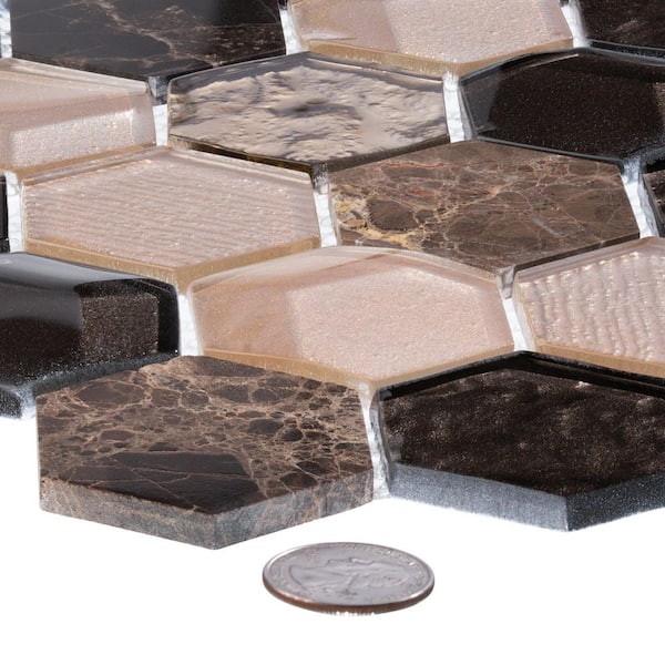 Xen Spirit Tan/Brown/Gold 12 in. x 11 7/8 in. Hexagon Smooth Glass and Stone Mosaic Wall Tile (4.95 sq. ft./Case)