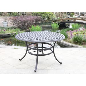 Halston Espresso Brown Round Cast Aluminum Outdoor Dining Table with 2 in. Umbrella Hole