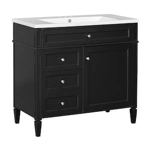 36 in. W Bathroom Vanity in Black with White Top Sink with 2 Drawers and a Tip-out Drawer,Resin Top Material ﻿