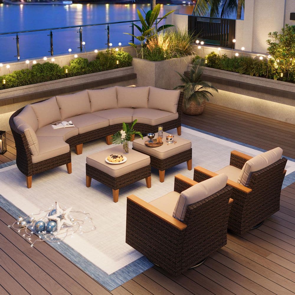 Brown Wicker Rattan 9 Seat 9-Piece Steel Outdoor Patio Sectional Set with Beige Cushions,2 Swivel Sofas and 2 Ottomans price history on PriceWatchPro
