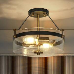 Modern Farmhouse Drum Semi-Flush Mount Light, 2-Light Black and Brass Gold Ceiling Light with Seeded Glass Shade
