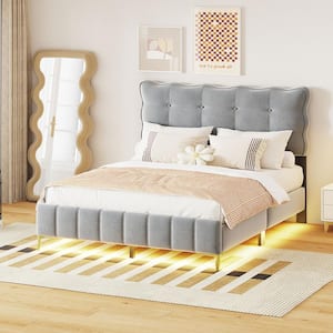 Gray Wood Frame Queen Size Velvet Platform Bed with Tufted Button Headboard, Metal Legs and LED