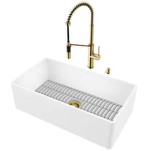 Matte Stone White Composite 33 in. Single Bowl Flat Farmhouse Kitchen Sink with Faucet in Matte Gold and Accessories