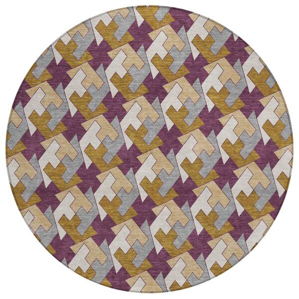 Chantille Machine Washable Indoor/Outdoor Abstract ACN2851 Eggplant 8 ft. x 8 ft. Round Rug